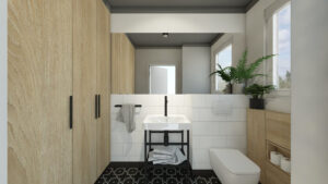 Łazienka z białymi płyytkami ściennymi oraz czarnymi geometrycznymi płytkami posadzkowymi oraz drzwiami od szafki z jasnego drewna