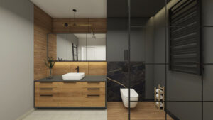 Projekt łazienki z grafitowymi ścianami oraz wykończeniem z drewna zaprojektowane przez studio hex