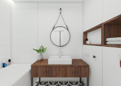 Minimalistyczna biała łazienka z drewnianym wykończeniem i eleganckim okrągłym lustrem