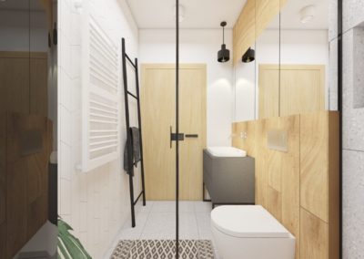 Łazienka z jasnymi płytkami imitującymi drewno zaprojektowany przez studio hex Wieliczka