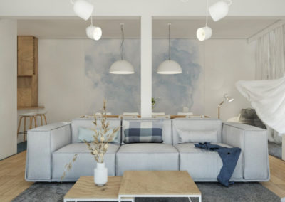 Projekt salonu z jasną sofą tapeta błękitna akwarelowa, stolik kawowy dębowy