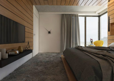 Sypialnia obudowana drewnianymi deskami