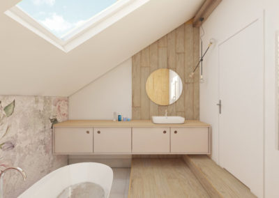 Pastelowa łazienka z motywem kwiatowym i wanną wolno stojącą zaprojektowana przez studio hex
