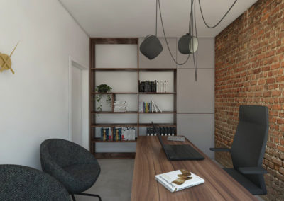Nowoczesne biuro z ceglaną ścianą zaprojektowane przez studio hex
