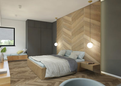 Sypialnia z drewnianą jodełką