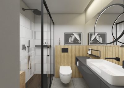 Czarno biała łazienka z motywem jasnego drewna